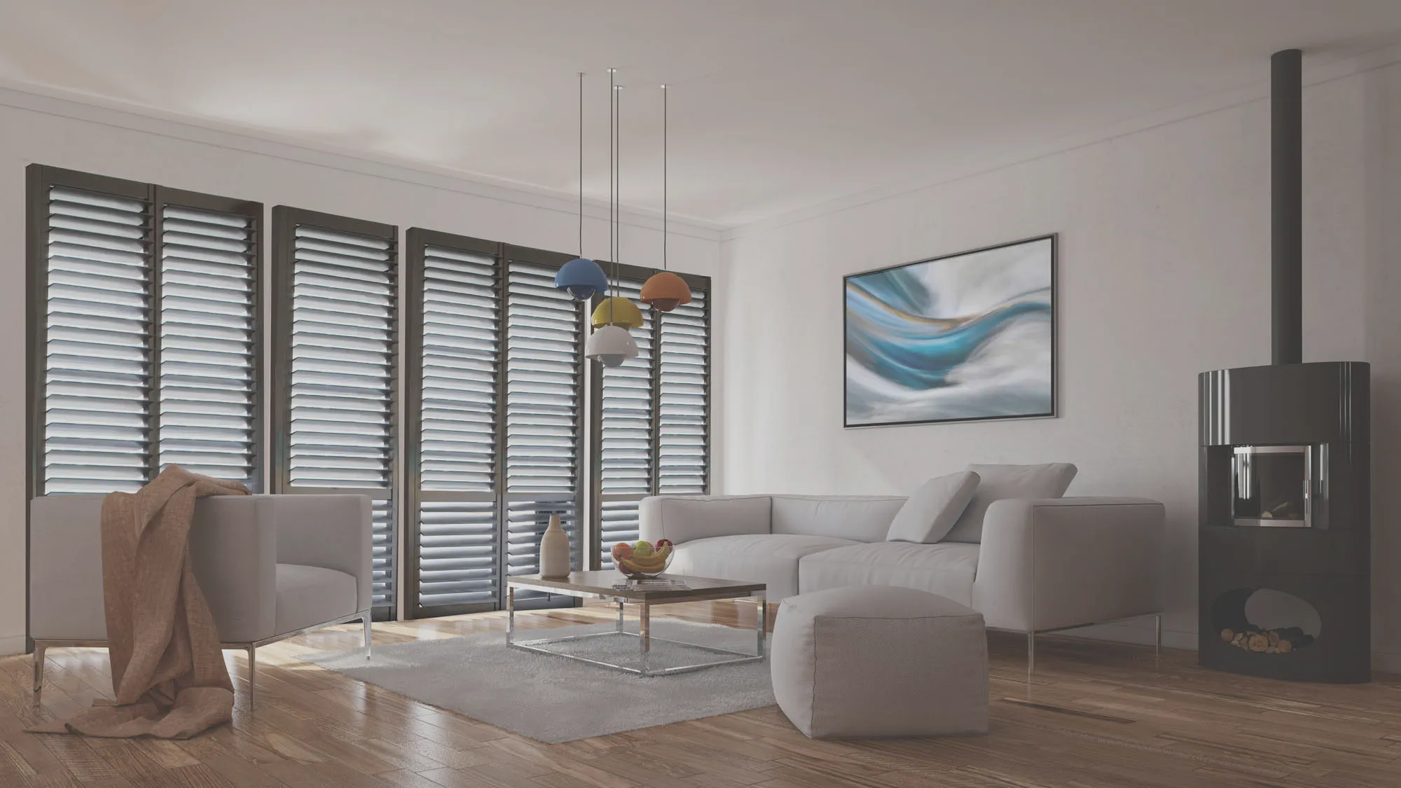 Modern living room with plantation shutters
