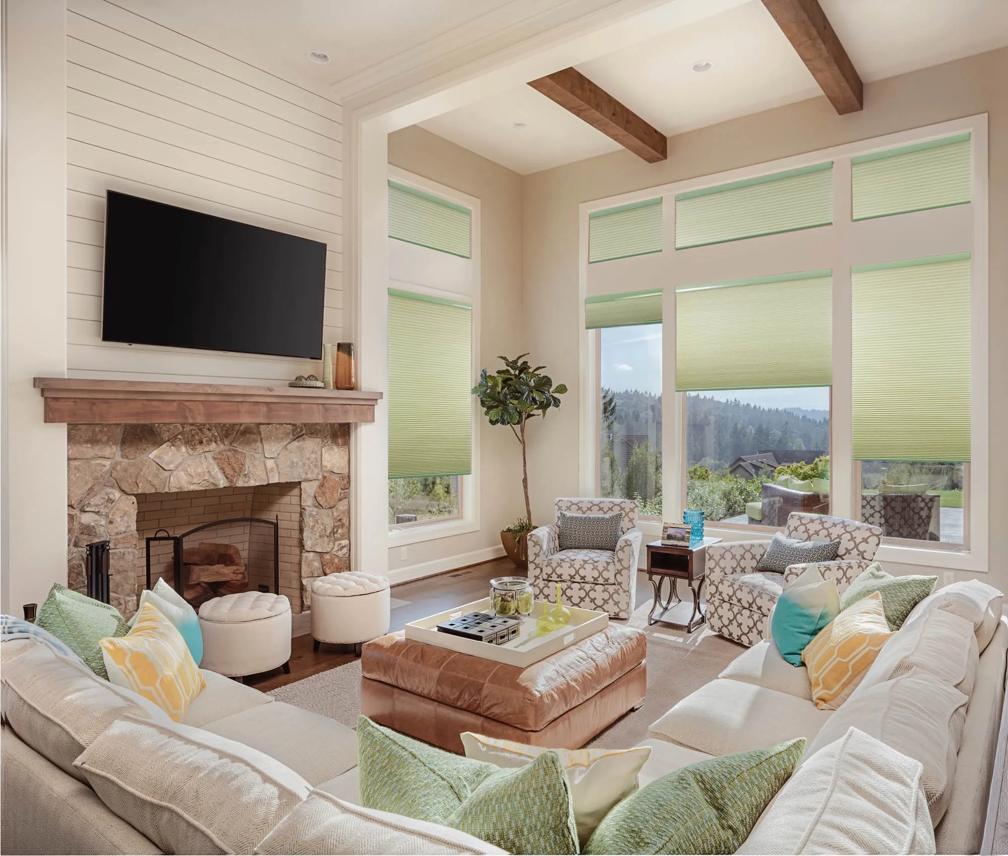 Soft green blinds across tall living room windows