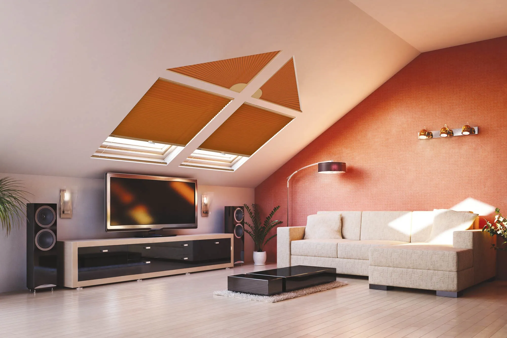 Blinds fitted to angled skylight windows in a loft living room